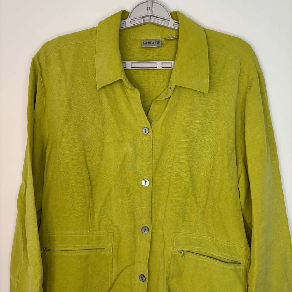Chico's linen blend button up top womens L green pockets collar
